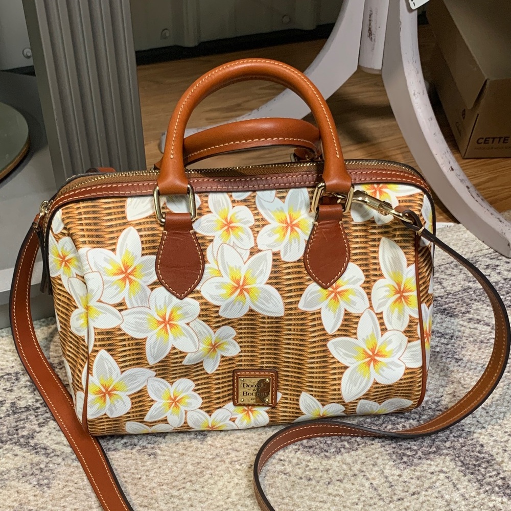 Dooney & Bourke coated canvas satchel bag speedy plumeria brown yellow NWOT qvc